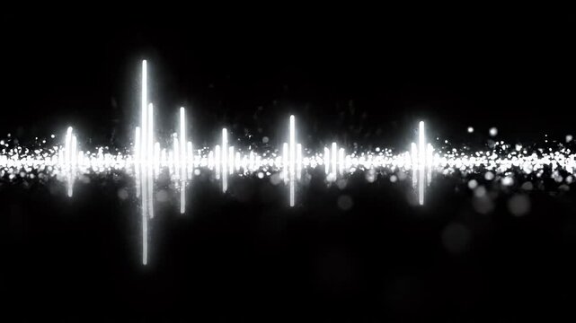 Glowing white digital sound wave or heart rate monitor frequency line on black background with bokeh particles, concept for music production, medical technology and heart rate monitoring