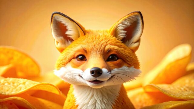 Adorable fox smiles amidst golden chips against a soft orange background