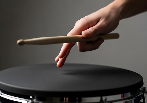 Close-up of a Drummer Hand Holding a Drumstick Over a Practice Pad