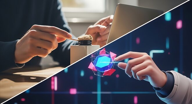Hands Working with Pepper Grinder and Laptop Split with Futuristic Hologram Interaction