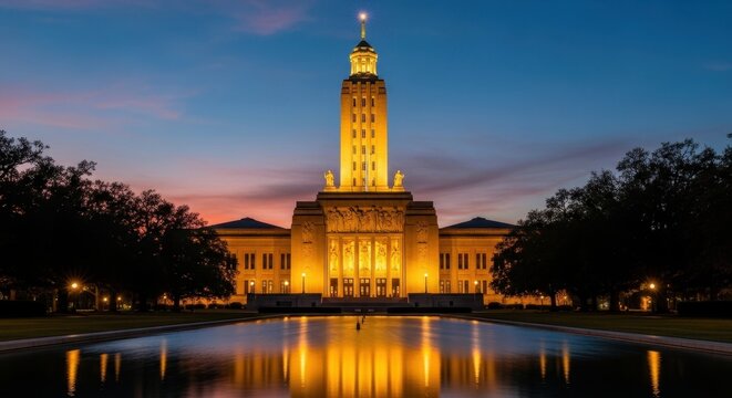 Louisiana State University Memorial Tower Illuminated at Dusk.