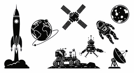 Space exploration elements set with rocket astronaut and planets. © Wita