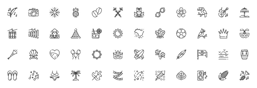 Brazilian Carnival icon set. Vector illustration pack featuring Berimbau, Dancer, Mask, Fireworks, Samba, Music, Feather, Caipirinha, Brazil flag and more.
