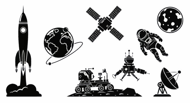 Space exploration elements set with rocket astronaut and planets.