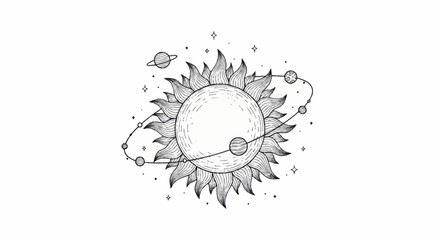 Stylized Sun with Orbiting Planets and Stars Illustration. © Wita