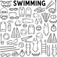 Hand-drawn outline doodle set of swimming equipment and accessories, vector collection of pool gear and swimwear © jingga