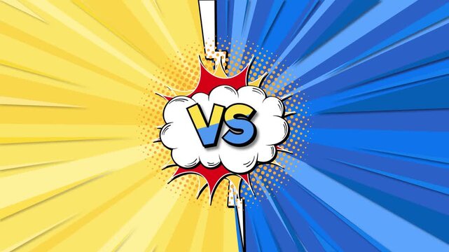 Dynamic comic book style versus background with animated explosion and VS text overlay.