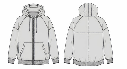 Technical Drawing of a Gray Hoodie with Zipper and Pockets. © Wita