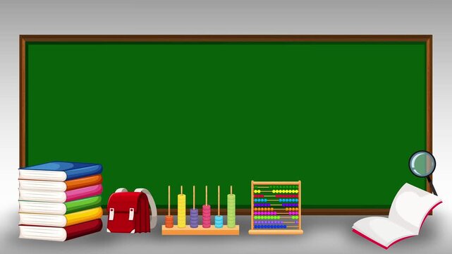 Back to school animation with books, globe, backpack and abacus on green chalkboard background.