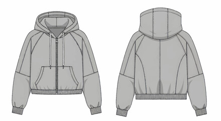 Technical fashion illustration of a cropped zip-up hoodie for women. © Wita