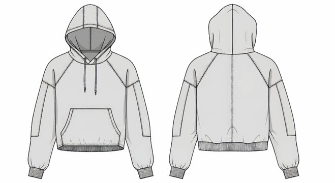 Technical fashion illustration of a cropped hoodie with raglan sleeves and a front pouch pocket.