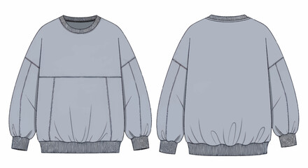 Technical sketch of a long-sleeved sweatshirt with a relaxed fit and gathered cuffs. © Wita