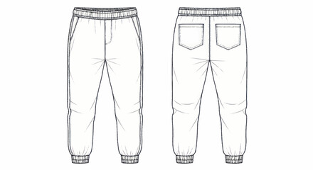Technical sketch of mens jogger pants with elastic waistband and cuffs. © Wita