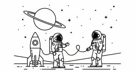 Two astronauts in space suits standing on a planet surface with a rocket and Saturn in the background. © Wita