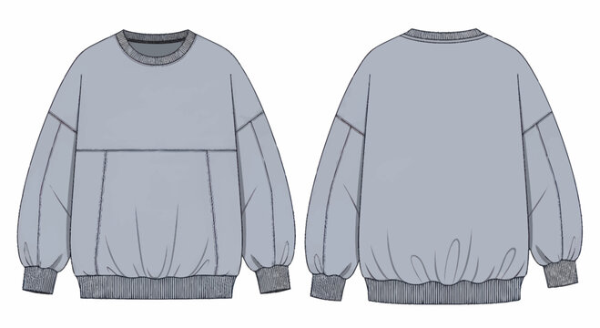 Technical sketch of a long-sleeved sweatshirt with a relaxed fit and gathered cuffs.