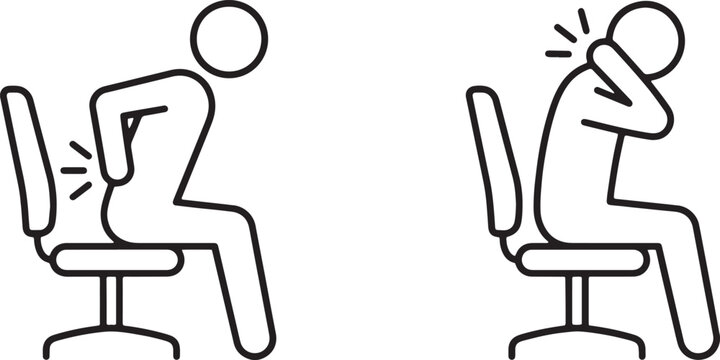 Web, Office worker sitting on chair suffering from back and neck pain outline icon for bad posture.
