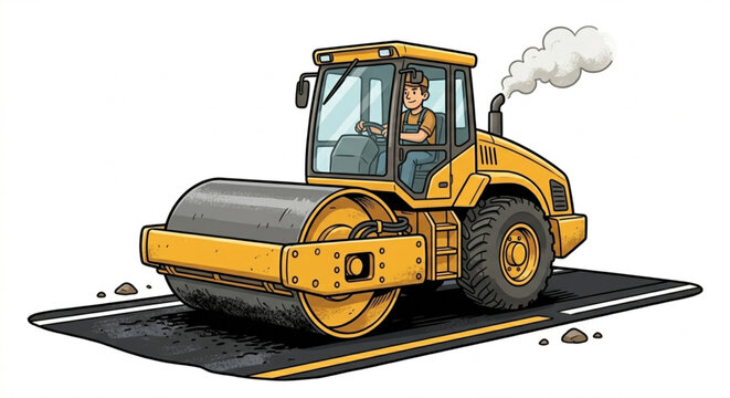 Heavy Duty Road Roller Compactor Working on Asphalt Road Construction Illustration