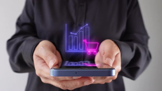 Sales performance review. Businesswoman holding her cell phone with a virtual icon of a graph with a shopping cart.