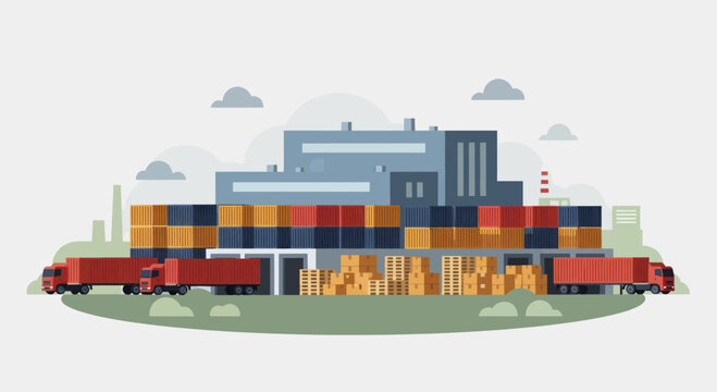 Industrial logistics hub with cargo trains and shipping containers.