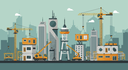 Fototapeta premium Modern Cityscape Under Construction with Cranes and Buildings.