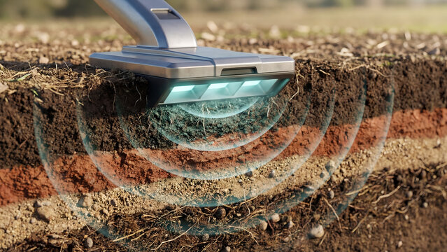 A metal detector scanning the soil to locate underground objects or treasures in a field