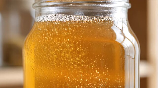 Golden Liquid Fermentation Process Close Up in Clear Glass Jar with Tiny Bubbles for Preserved Food Industry and Global