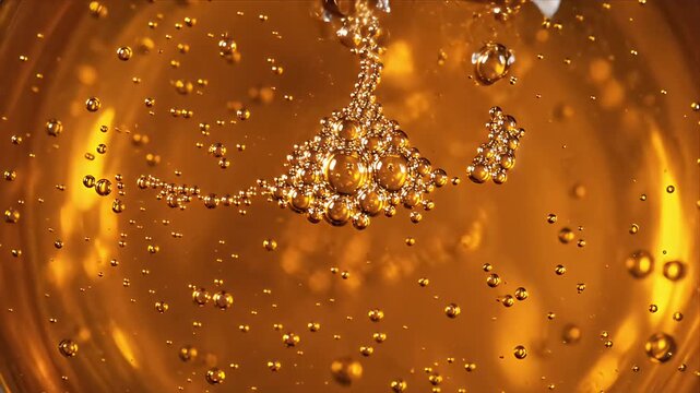 Golden Liquid Fermentation Process Macro View Bubbles Formation in Transparent Glass Container for Organic Chemistry