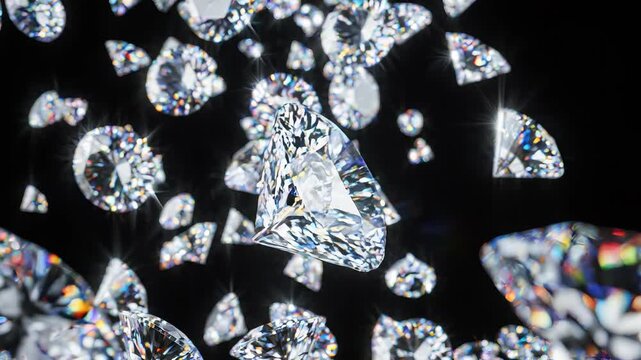 Group of brilliant sparkling diamonds falling against a dark black background with rainbow light reflections, concept for luxury jewelry branding, wealth investment and high-end fashion advertising