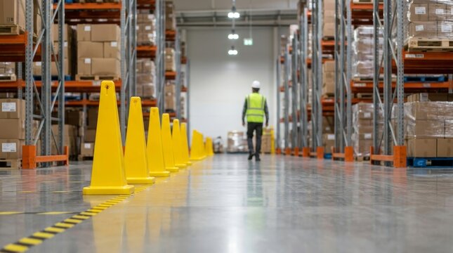 Low angle selective focus on bright yellow safety cones and caution lines on a warehouse floor, with a blurred unrecognizable worker in protective gear walking down the aisle between 