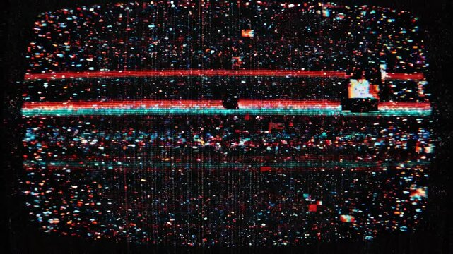 Abstract dark digital TV screen background with colorful noise static and horizontal red glitch scan lines, concept for retro technology background, video game glitch and futuristic digital art