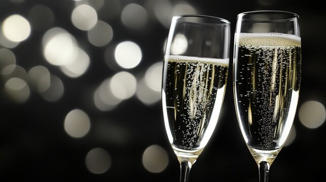 flutes. Two champagne glasses with sparkling bubbles, set against a moody dark backdrop. bar promotions, beverage menus, designed for product packaging and bar promotions, used by graphic designers.