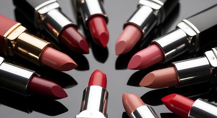 Obraz premium Vibrant Lipstick Collection Arranged in Circular Pattern on Reflective Surface