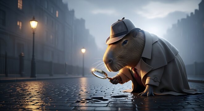 Anthropomorphic capybara detective in a trench coat and deerstalker hat investigating a footprint on a rainy cobblestone street with a magnifying glass