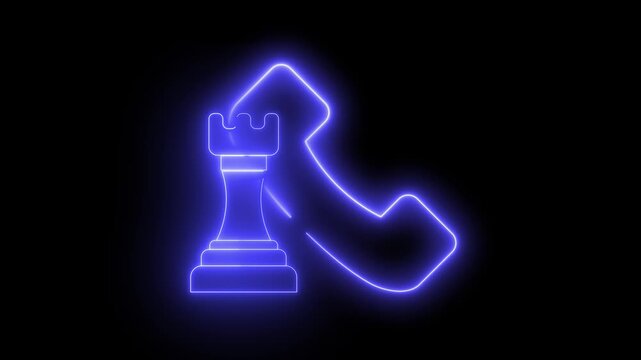Animated neon light effect icon of a chess piece and a telephone. This symbol combines strategy and communication. Ideal for business, technology, or decision-making themes.