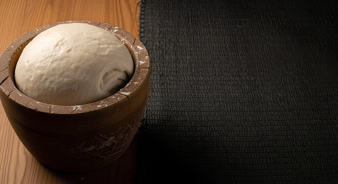 Portion of plain fufu dough in a traditional wooden mortar placed on the left third of a dark woven mat surface, large empty right area acting as negative space.