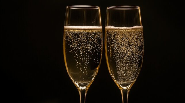flutes. Two champagne glasses with sparkling bubbles, set against a moody dark backdrop. bar promotions, beverage menus, designed for product packaging and bar promotions, used by graphic designers.