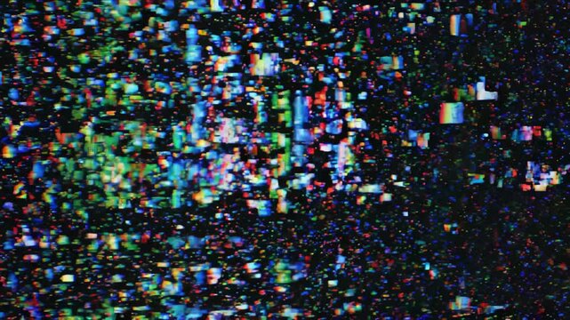 Abstract digital glitch effect with colorful vertical light pixels on black background, concept for cyber security, data processing and technological failure