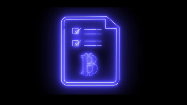 Animated document icon with neon light effect, featuring checkmarks and a Bitcoin icon. The modern concept of digital finance shines. Ideal for cryptocurrencies and transactions.