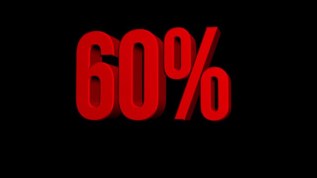 A red 60% sign shines against a deep black background. Three-dimensional numbers leap out and dominate the frame.