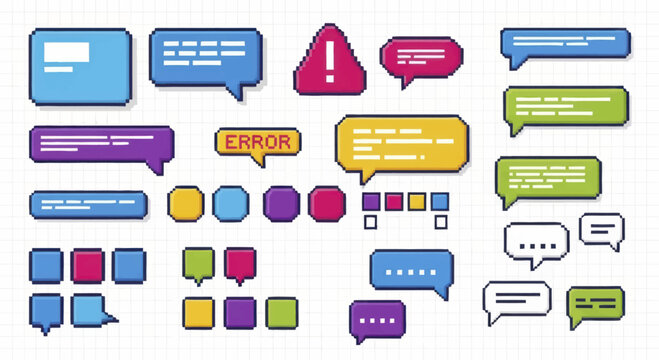 Collection of Colorful Pixel Art Speech Bubbles and Chat Boxes.