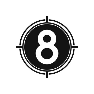 A black and white graphic illustration of the number 8 inside a film countdown circle with crosshairs.