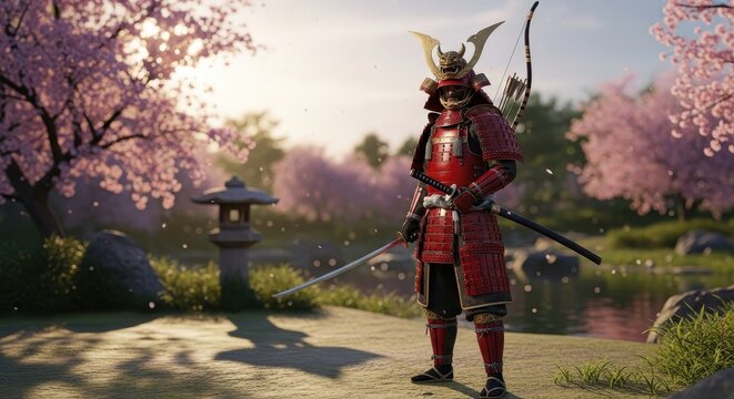 Japanese Samurai Warrior in Armor Stands in Garden.