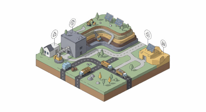 Cross section of urban infrastructure and geological layers.