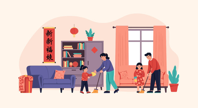 Family Engaged in Thorough Home Cleaning and Creative Rearranging Tasks