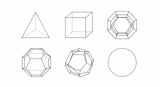 Geometric shapes and polyhedra in outline drawing style.