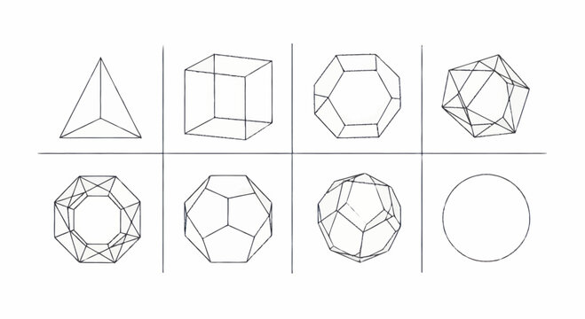 Geometric shapes and polyhedra in a grid, showcasing various forms.