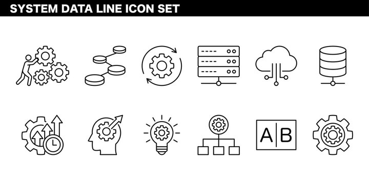 System, data and optimization line illustration set for cloud computing, database and workflow management concepts