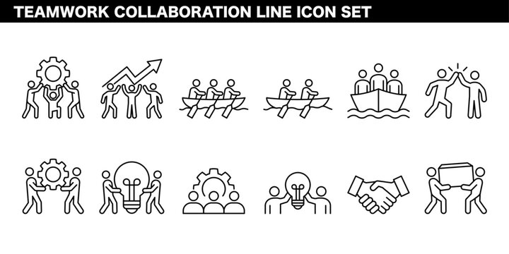 Team coordination, cooperation and team effort line illustration set for collaboration and partnership concepts
