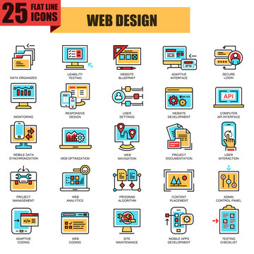 A collection of 25 flat design icons representing various aspects of web design, including data organization, user interface, and website development, suitable for digital projects