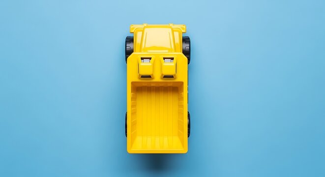 Yellow toy dump truck on light blue background top view flat lay